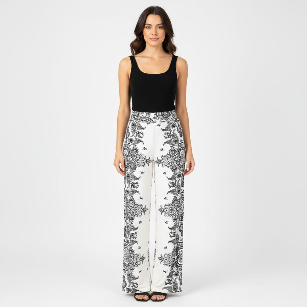 J USA Black & White Paisley Print High Waist Wide Leg Palazzo Pants S